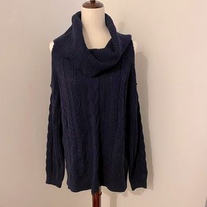 NWT Crown & Ivy Navy Blue Cold Shoulder Cable Knit Sweater Size XL